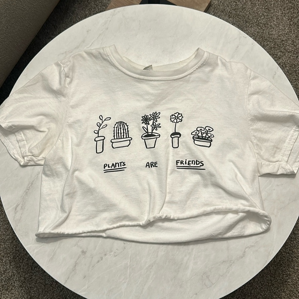 Plants Are Friends Cropped white Gildan t-shirt bought from Etsy, Size Small.